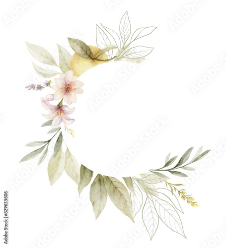 Watercolor floral frame of lemon and olive. Greenery vector clipart for greeting cards, decoration, wedding invitation, stationery design. Hand painted illustration isolated on white.