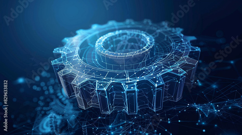 A vector wireframe of gears on a dark blue background. Symbolizes mechanical technology, machine engineering, project development, engine mechanics, and business planning illustration. photo
