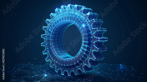 A vector wireframe of gears on a dark blue background. Symbolizes mechanical technology, machine engineering, project development, engine mechanics, and business planning illustration.