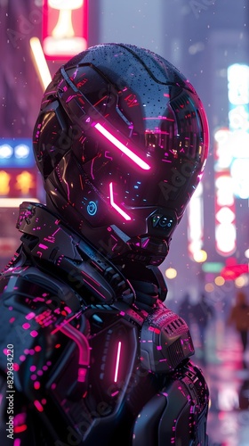 Cutting-Edge Operative Equipped for Covert Urban Missions in Neon-Soaked Synthetic City Landscape © lertsakwiman