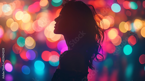 Image of people dancing in a nightclub with colorful lights and bokeh effect in the background.