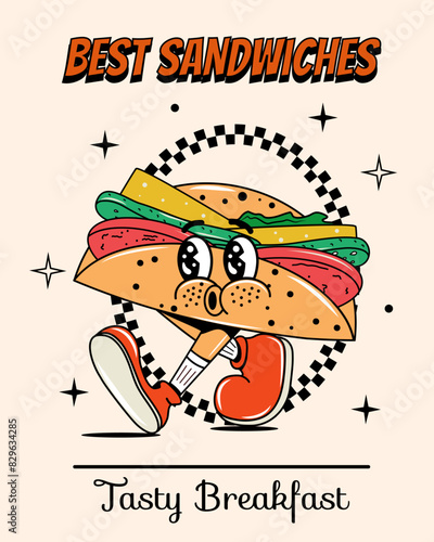 Poster with sandwich in groovy style. Food and drinks. Quick snack. Y2k element and shapes. Comic and character. Retro drink with people face and hands and legs. Alcohol. Psychedelic and hippie. 2000s