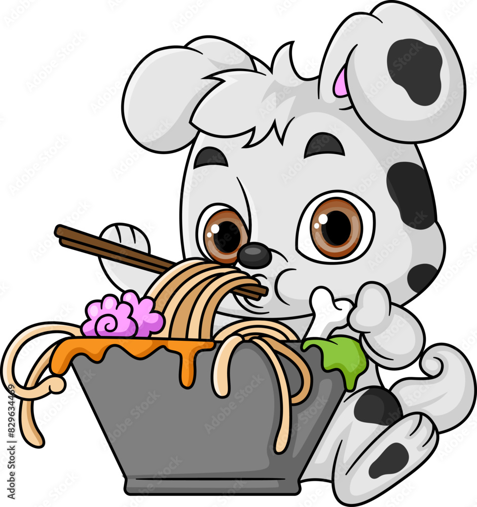 Naklejka premium Cute dog Eating noodle Bowl With Chopstick