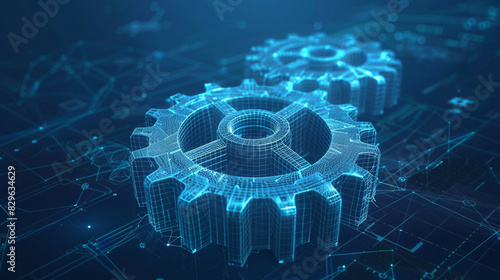 A vector wireframe of gears on a dark blue background. Symbolizes mechanical technology, machine engineering, project development, engine mechanics, and business planning illustration.