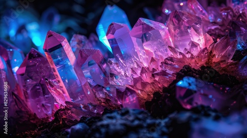 Luminescent ultraviolet crystals glowing in the dark. Surreal and magical crystal formation photo
