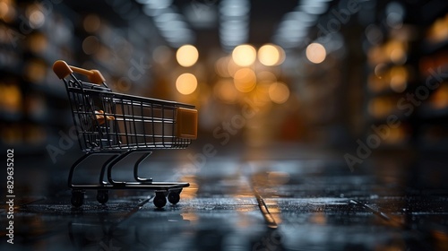 A lone shopping cart sits in an empty, dimly lit supermarket aisle, with warm lights blurring in the background. photo