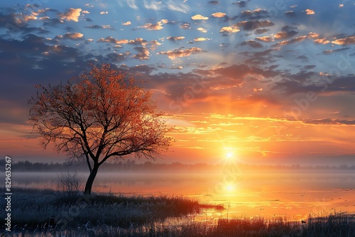 A lone tree stands silhouetted against a vibrant sunrise over a misty lake. The sky is ablaze with color as the sun peeks over the horizon.