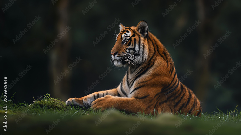 Obraz premium A Tiger Sitting Relaxed in Jungle Wildlife Photography Closeup Portrait