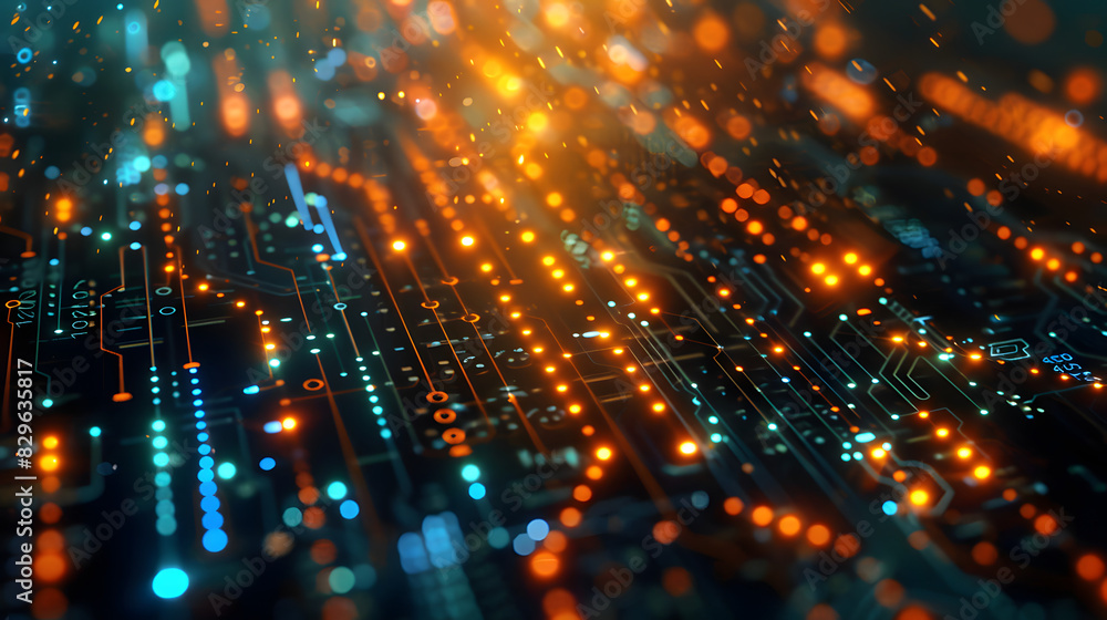 Printed circuit board futuristic serverCircuit board futuristic server code processing. Orange, green, blue technology background with bokeh. 3D Rendering Printed circuit board futuristic serverCircuit board futuristic server code processing. Orange, green, blue technology background with bokeh. 3D Rendering