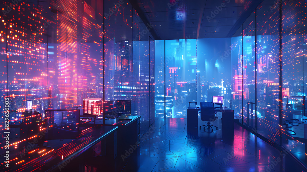 Fototapeta premium Modern neon cyberpunk open space office interior blurred with information technology overlay. Corporate strategy for finance, operations, marketing