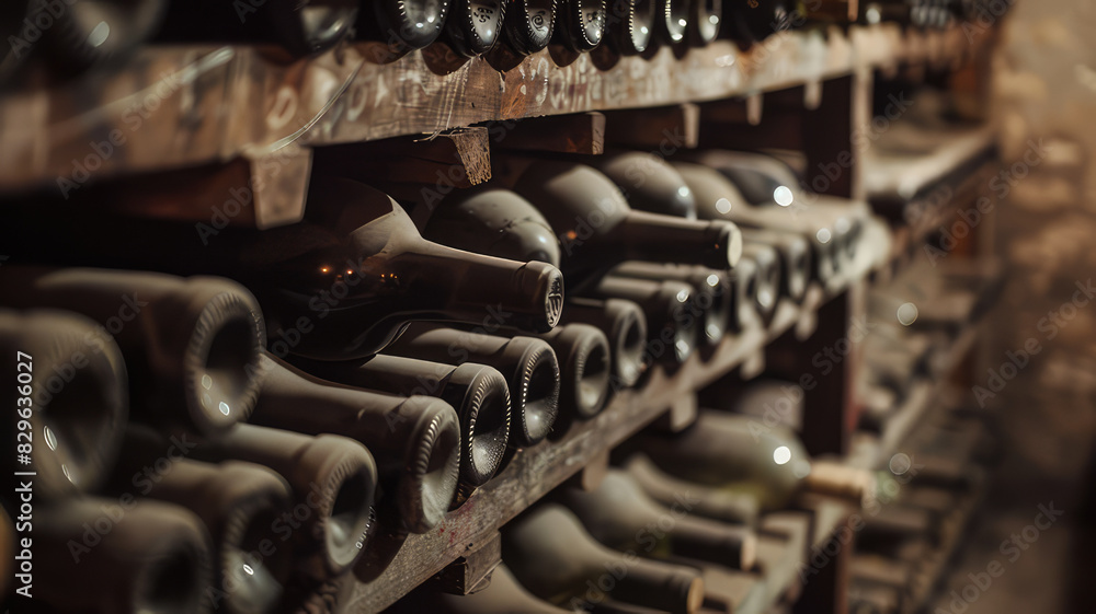Wine bottles stacked on wooden rack, Wine collections stored in cellar on shelf Wine bottles stacked on wooden rack, Wine collections stored in cellar on shelf