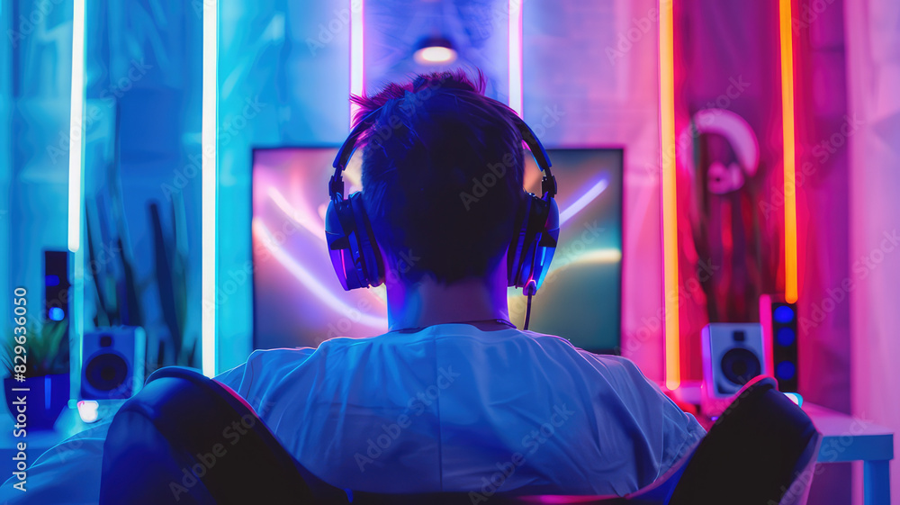 young man gaming with computer in room with neon lights and streaming online young man gaming with computer in room with neon lights and streaming online