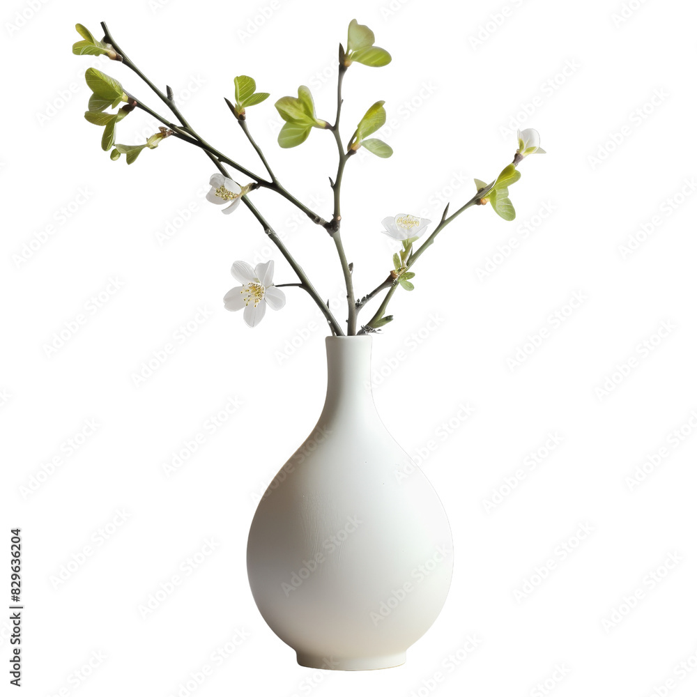 White ceramic vase with branches and flowers, isolated on transparent background, ideal for home decor and interior design. White ceramic vase with branches and flowers, isolated on transparent background, ideal for home decor and interior design.