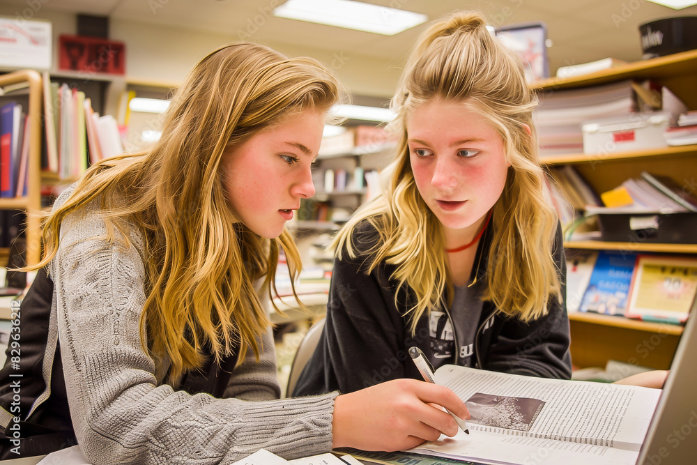 Two female students studying together in a library, focusing on their books and work, highlighting teamwork and academic effort.