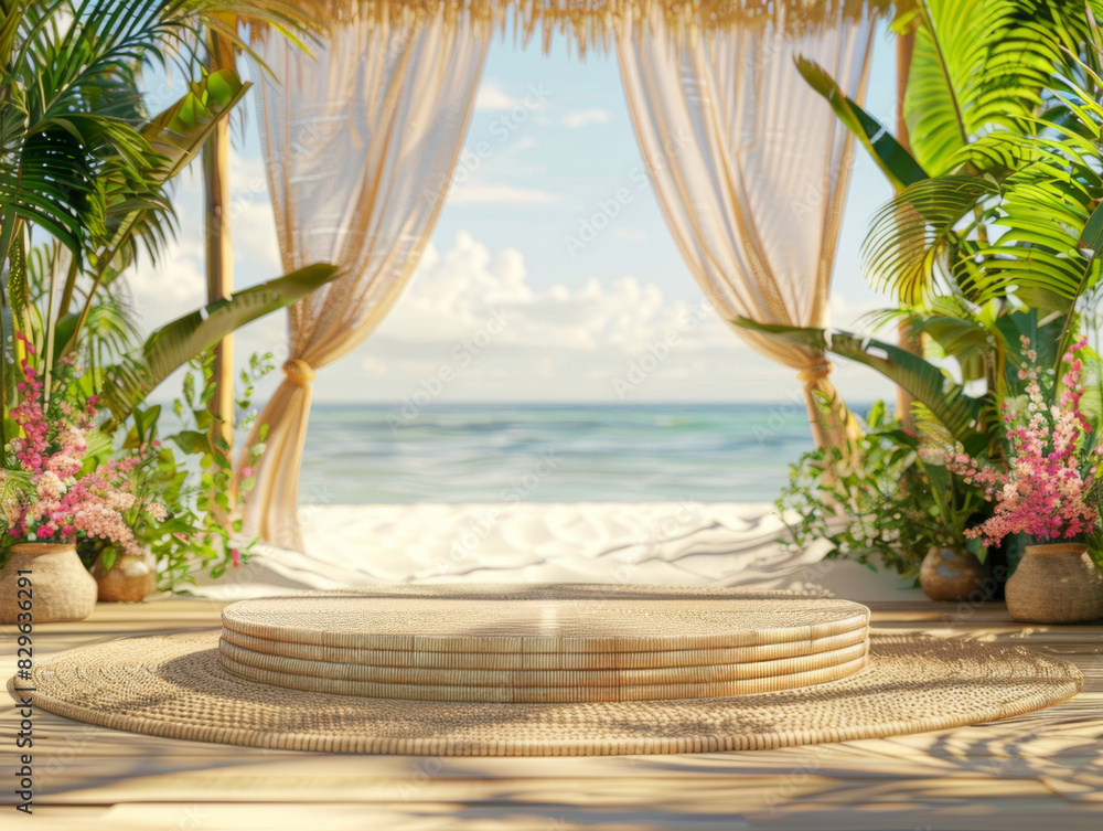 Fototapeta premium Rattan Podium, front view focus, with a Sunny Beach Background
