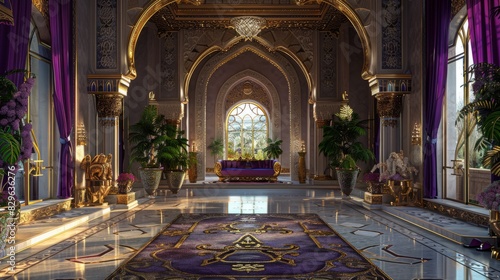 Scene from the castle hall middle east wind purple and gold There is a sofa in the middle, straight perspective, symmetrical left and right, luxurious, trotting, romantic, bright, shiny.