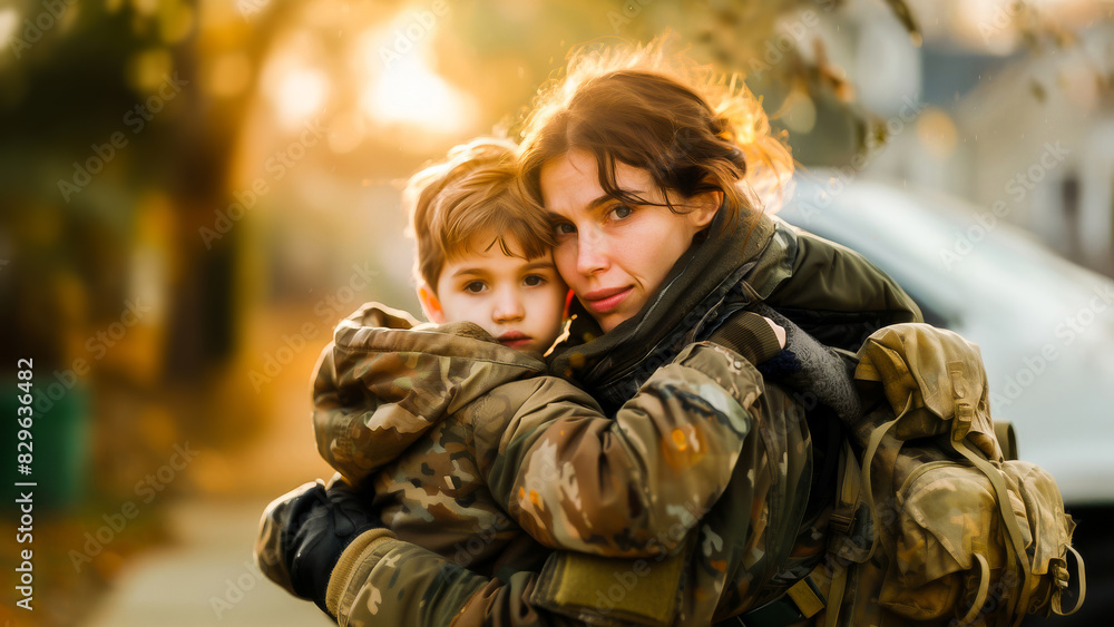 A mother and child in military uniforms share a heartfelt embrace outdoors during autumn, highlighting the bond and love within a military family. A mother and child in military uniforms share a heartfelt embrace outdoors during autumn, highlighting the bond and love within a military family.