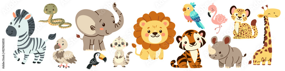 Obraz premium Set of flat vector illustrations in children's style of savannah animals. Cute rhinoceros lemur lion flamingo toucan vulture vulture snake zebra parrot tiger giraffe leopard cheetah . Vector