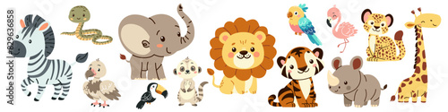 Set of flat vector illustrations in children s style of savannah animals. Cute rhinoceros lemur lion flamingo toucan vulture vulture snake zebra parrot tiger giraffe leopard cheetah . Vector