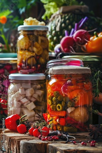 Preserving various vegetables in jars. Selective focus.