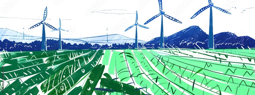 Expansive Wind Farm with Towering Turbines in Lush Green Countryside