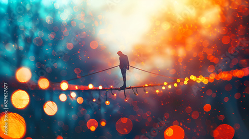 A man standing with incredible balance on high wire outdoor nature scenic with blurred background photo