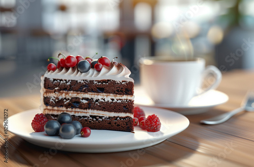 A slice of chocolate cake with white cream and berries is on the table next to coffee in a cafe.