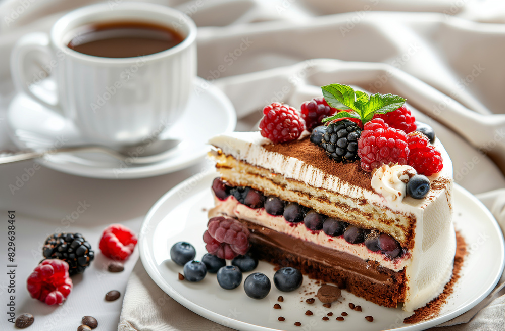 Tall layered cake with chocolate and berries, on a white plate next to a cup of coffee, in a closeup side view Tall layered cake with chocolate and berries, on a white plate next to a cup of coffee, in a closeup side view