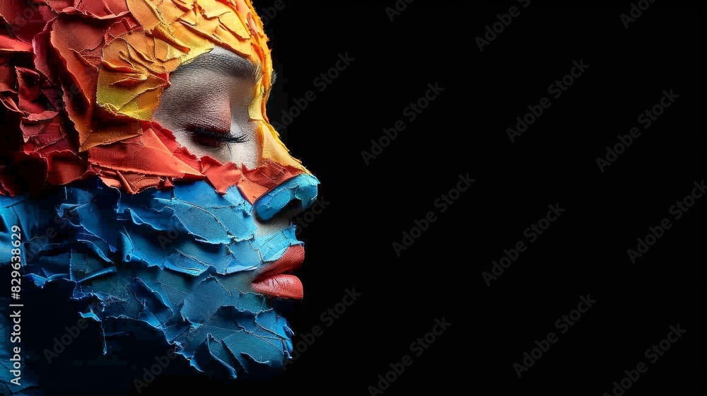 Fototapeta premium Beautiful fashion woman with bright color face art and body art. Paint on face. Creative portrait