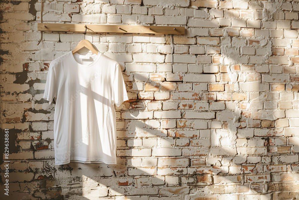 A white t-shirt hangs on a brick wall, showcasing its blank design for a potential custom print or advertisement. Mockup template for design print A white t-shirt hangs on a brick wall, showcasing its blank design for a potential custom print or advertisement. Mockup template for design print