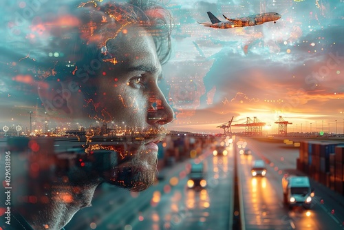 A man's profile, layered with cityscape, highway, and airplane, suggesting global connection and industry.