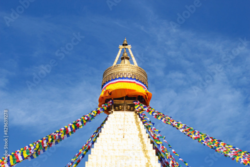 Top view of Boudhanath Stupa, Great Stupa, it was Built in AD 600, when Tibetan king, Songtsen Gampo, converted to Buddhism, Kathmandu, Nepal. photo
