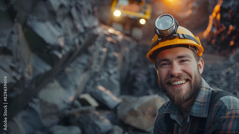 Cheerful Mining Engineer in Underground Quarry Workplace with Safety Equipment Cheerful Mining Engineer in Underground Quarry Workplace with Safety Equipment