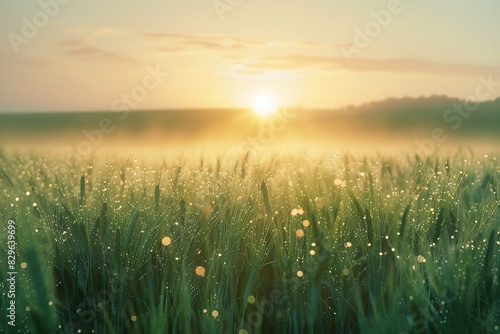 A serene sunrise over a vast wheat field with dew on the stalks © Ghulam