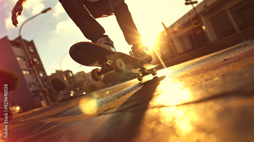 Young skateboarder jumping over an obstacle in an urban setting thrill excitement with sunny background
 photo