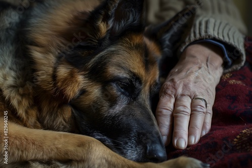 A German shepherd rests his head on an elderly man's hand © GreenOptix