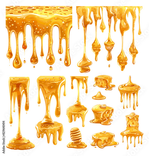 Honey dripping cartoon vector set. Drops leaks splashes streams liquid bee molasses healthy natural nectar sweetness delicacy, illustration isolated on white background