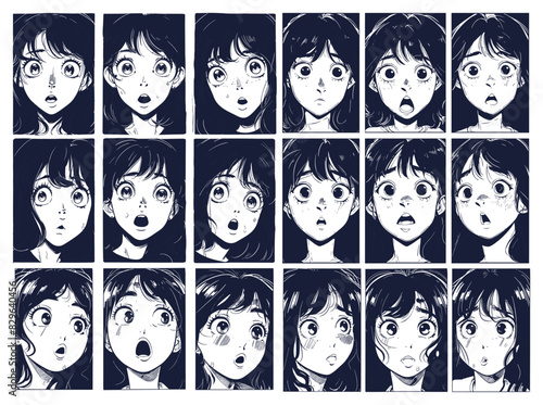 Japan girl close up face emotions comic ink sketch vector set. Anime look uncertainty confusion fear fright horror long hair big eyes young woman frame manga black monochrome character