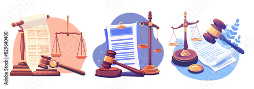 Justice cartoon vector concepts. Judges gavel scales legal document seal legislation system transaction agreement court identity, color illustration isolated on white background