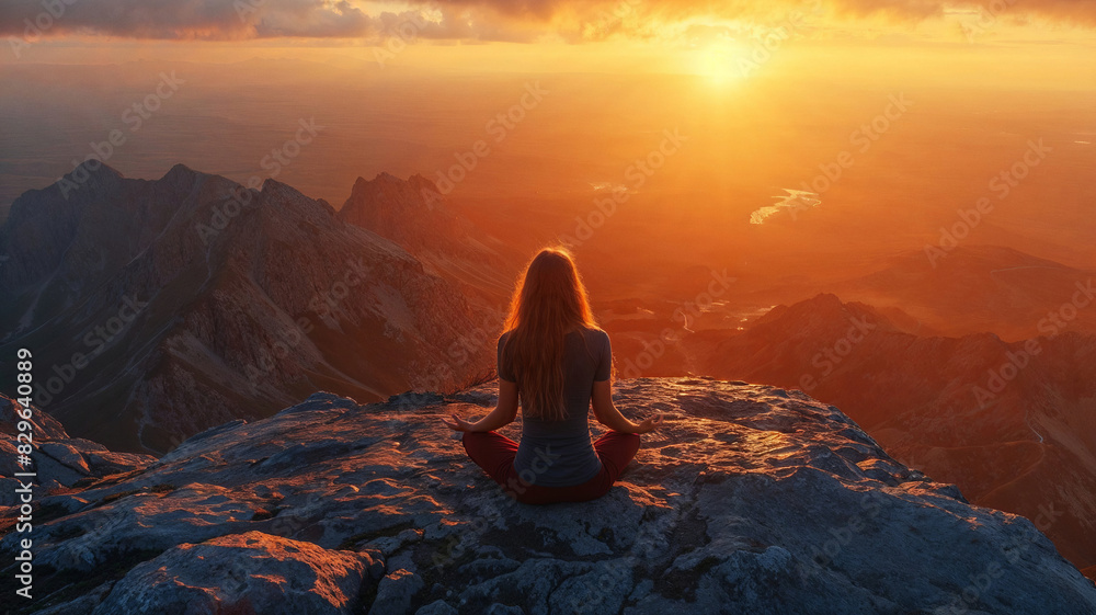 Aerial shot of a woman from behind siting on a yoga position watching sunrise Aerial shot of a woman from behind siting on a yoga position watching sunrise
