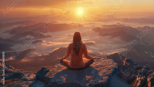 Aerial shot of a woman from behind siting on a yoga position watching sunrise 