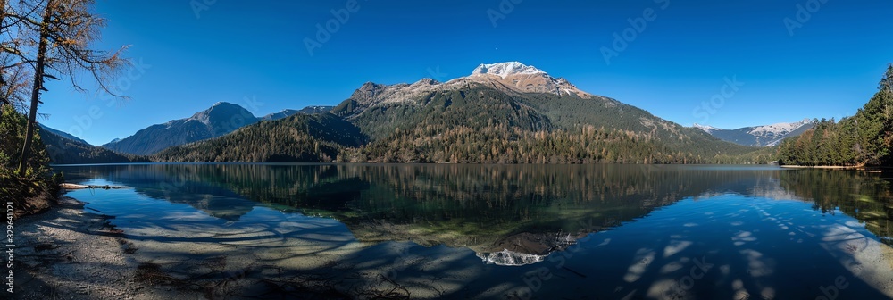 Obraz premium blue sky ,clean sky, coastline, panorama, aspect ratio 3:1, panoramic, mountain, snow