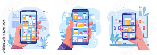 Online pharmacy cartoon vector concept. Hand wrist holding phone medicine pharmaceutical delivery remotely internet shopping, illustration isolated on white background
