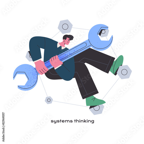 Systems thinking concept. Analytical mindset, critical thoughts, MBTI type. Person with rational mental process fixes, setting gear with wrench. Flat isolated vector illustration on white background
