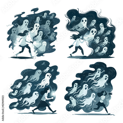 Panic attacks cartoon vector concepts. Scared girl lantern runs away demons ghosts haunt lamp holding, fears phobias nightmares horrors mental psychological health problems