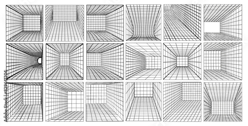 Perspective grid ink sketch vector set. Wireframes cyberpunk future network space virtual rectangular checkered frames encirclement vanishing point entry exit, black linear illustrations isolated