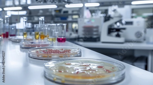 Petri dishes in the laboratory against the background of a microscope. Selective focus. photo