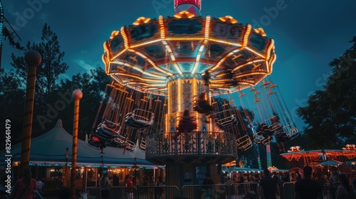 Luminescent Twilight: A Mesmerizing Carnival Ride Under Glowing Lights