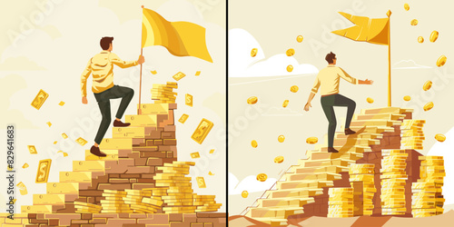 Successful investment cartoon vector concepts. Man business suit back view gold bars ladder rises steps mountain flag goal achievement wealth financial well being character, splendid illustrations