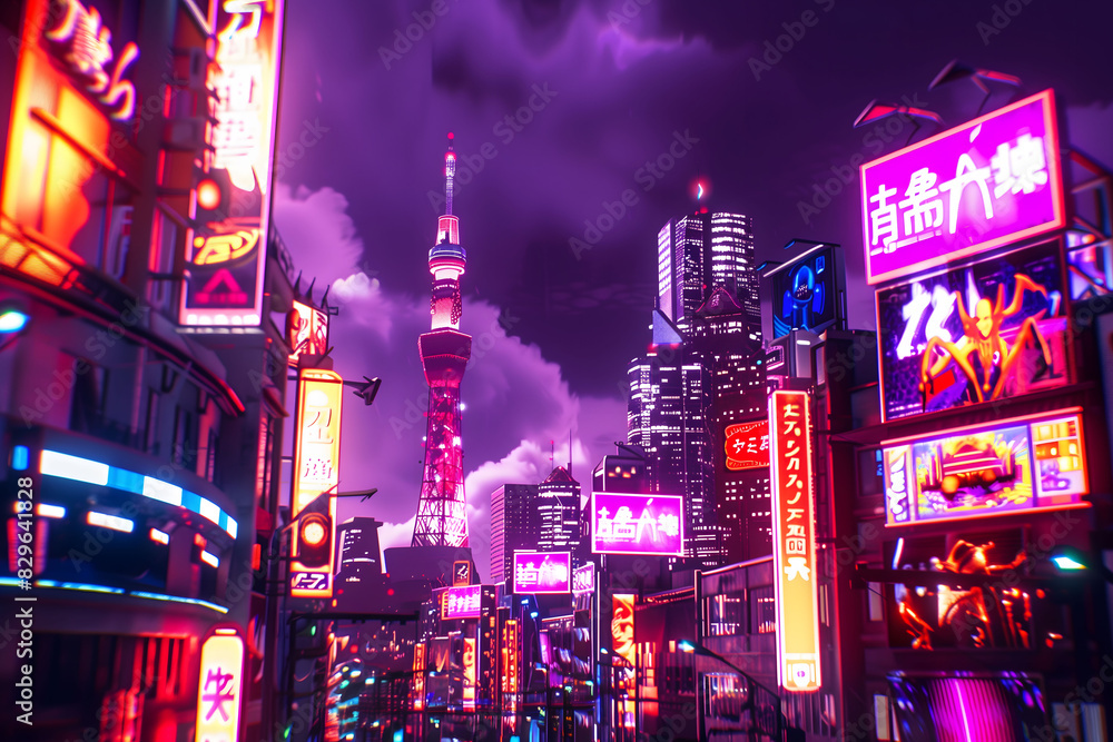 Obraz premium Futuristic city, purple lights, night time